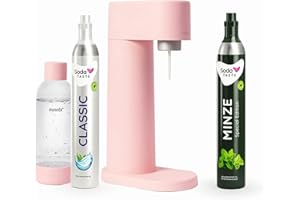 SODATASTE Sparpaket: Mysoda Woody - Wassersprudler aus erneuerbarem Holzkomposit mit 1L BPA-freier Plastikflasche, CO2-Zylinder Classic + CO2-Zylinder Minze (Rosa)