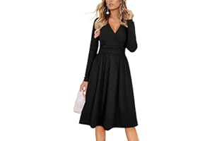 OUGES Kleid Damen Kurzarm/Langarm Sommer Herbstkleid V-Ausschnitt Casual Midi Freizeitkleid mit Taschen