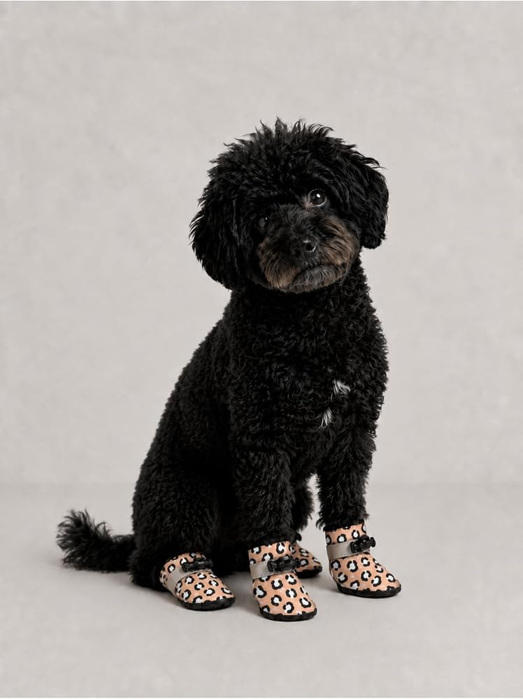 Monopetz Köpek Pati Koruyucu Ayakkabı Leopar Desenli Su Geçirmez Kaymaz Taban 4 Adet, S, pembeleoayakkabi01, Pembe