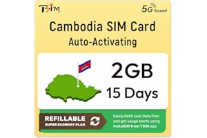 TSIM SIM Cambodge | Plan Super Économie Rechargeable 2 Go ! Activation Automatique, validité 15 Jours | Vitesse 5G + Partage de Connexion | Données Uniquement, Aucun Numéro de Téléphone