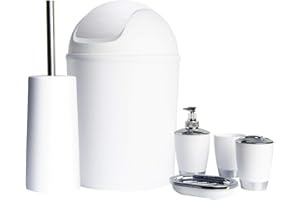 1 CLICK BUY Bathroom Set 6pc Bathroom Accessories Set Bin Soap Dispenser Toothbrush Tumbler (White)