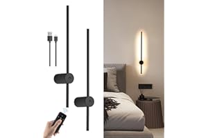 AANYHOH LED Wandleuchte Akku, 6W USB-C Aufladbare Innen Wandlampe Schwarz 60CM, Dimmbar Batterie Lampe mit Fernbedienung, 360° Drehbare, Kabellose Wandleuchten für Wohnzimmer Schlafzimmer Treppenhaus 2 Stück