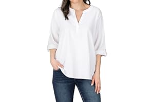 DENIMFY Damska lniana bluzka DFSara Regular Fit rękaw 3/4 dekolt w serek górna część lniana bluzka bluzka koszulowa tunika, koszulka top basic, jednokolorowa, biała, beżowa, zielona, S, M, L, XL, XXL