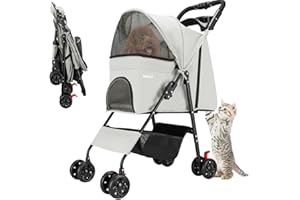 BAKAJI Passeggino per Animali Domestici Carico Massimo 30kg, Carrozzina per Cani e Gatti Pieghevole e Salvaspazio con Cestello Portaoggetti e Ruote Bloccabili, Cappottina Protettiva Anti UV (Grigio)