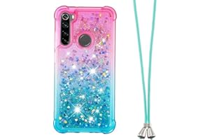 LEMAXELERS Funda con Cuerda para Xiaomi Redmi Note 8,Carcasa Xiaomi Redmi Note 8,Brillante Brillo Liquida Quicksand de Cuello Cadena Carcasa Transparente Silicona TPU Case con Collar Correa,YB GS Pink Blue