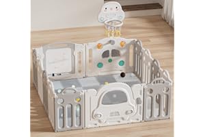 GOODS EMPORIUM Baby Playpen with Play Mats. Adventure Car Play Pen - Activity Panel, Basketball Hoop, Drawing Board, and 100 Balls Included - Foldable (White/Grey)