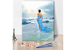 TISHIRON Peinture par numéros pour adultes débutants, peinture à l'huile acrylique pour chambre à coucher, salon, décoration cadeau, femmes en jupes bleues au bord de la mer, sans cadre (40,6 x 50,6