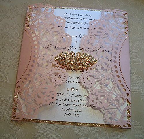 Wedding Invitation. Blush and Gold Lace Effect Laser Cut Invitation. Gold Coloured Diamante Brooch.