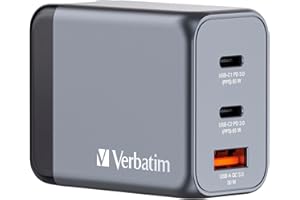Verbatim GaN Ładowarka 65 W, 3 Porty (2 USB-C, 1 USB-A), Szybka Ładowarka Wielokrotna Do Apple MacBook, Notebooka, iPada, iPhone'a, Samsunga i Innych