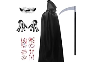 YIMOJOY Halloween Umhang Schwarz Set 120/150/170/190CM Schwarzer Umhang mit Kapuze Unisex Erwachsener Sensenmann Kostüm mit Sense & Scars Tattoos Vampir Darth Cape für Cosplay Karneval(L)