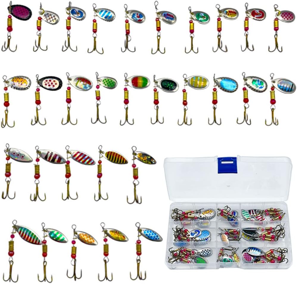 FedMois 30 Piezas Cucharillas Pesca para Trucha Lucio Perca Kits de Señuelos con Caja de Plástico