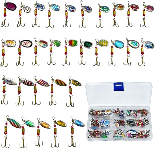 FedMois 30 Piezas Cucharillas Pesca para Trucha Lucio Perca Kits de Señuelos con Caja de Plástico - 1