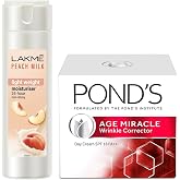 Lakmé Moisturizer Body Lotion, Peach Milk, 200ml And POND'S Age Miracle Wrinkle Corrector Day Cream SPF 18 PA++ 20g