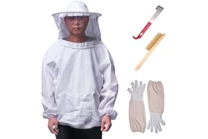 Winbang Juego de Herramientas para Apicultura, Equipo de protección para Apicultura Chaqueta de Manga Larga con Guantes Transpirables y Aptos para transpiración con Guantes Colmillo de Abeja J Gancho