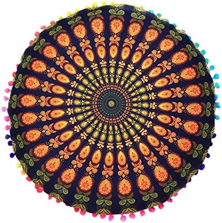 Indexp Large Round Floor Cushion Cover, Pompom Tassel Around Indian Bohemian Mandala Pillows Cover (Multicolor B, 80x80cm)