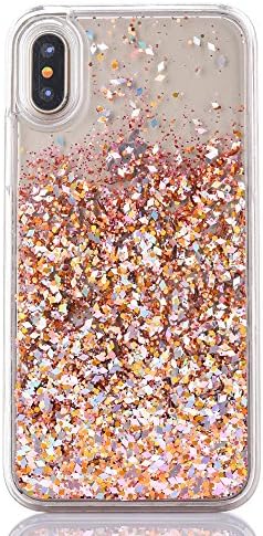 iPhone X Glitter Case ,SENCEE Fashion Creative Design Flowing Liquid Floating Bling Glitter Sparkle with Rhinestone Diamond Soft Cover Case for Apple iPhone X iPhone 10 + Tempered Glass (Gold Diamond)