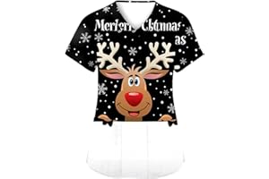 Linkpig Pflege Kasack Damen Weihnachtszwerg Druck Weihnachten Krankenhaus Schlupfhemd Op-Kasack V-Ausschnitt Weihnachtsdruck Weihnachtsshirt Pflegebekleidung Mulit Taschen Schlupf-Kasack Bluse