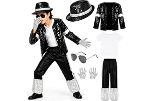 NAVESO Retro Pop Star kostym, 7 st Pop Superstar kostymset | King of Pop musiker kostym med paljettjacka, t-shirt, randiga byxor, hatt, handskar, solglasögon för halloweenfest