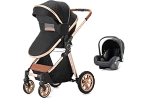 SHUKBETA kinderwagen 3 in 1 Reisesysteme kombi kinderwagen baby 2 in 1 buggys Neugeborener Tragbarer Reisewagen Kinderwagen Faltbarer High Landscape Kinderwagen (Blackgold)