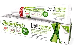 FITTYDENT Adesivo per protesi dentale vegano e naturale, senza glutine, lattosio e zinco, trasparente, crema, resina di pino, extra forte e lunga tenuta