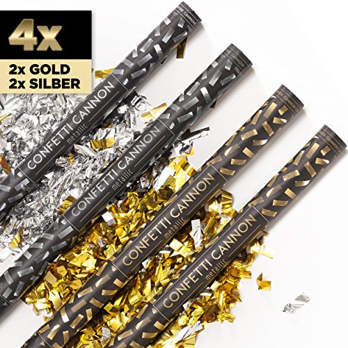 4 x XXL Konfetti-Shooter GOLD & SILBER 80 cm - Party Popper Konfettikanone Konfettishooter Streamer - für Silvester, Hochzeit, Party, Geburtstag & Co. - PARTYMARTY GMBH®