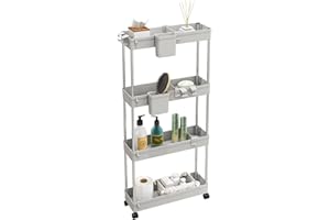 LYNCOHOME Rollwagen Küchenwagen mit 4 Ebenen, Küchenregal Nischenregal auf Rollen, Badregal Aufbewahrungswagen für Küche Badezimmer, mit 4 Haken+2 Behälter+Korbunterteilungen