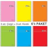 Etika A5 Spiralli Okul Defteri - 6&rsquo;lı Paket | 6 adet A5 defter (3 &ccedil;izgili, 3 kareli). 72 yaprak, kaliteli kağıt, PP kapak. Of
