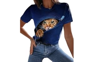 Tomwell Femme T-Shirt Chat Imprimé Sweatshirt Top Manche Courte Col Rond T Shirt Léger Décontracté Sweat Blouse Top Pullover