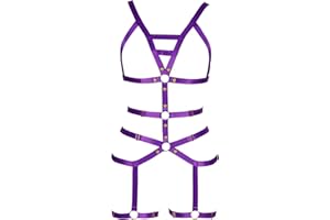 PETM•HS Women's Punk Strap Hollow Out Body Chest Harness Lingerie Garter Belts Set Goth Halloween Rave Wear