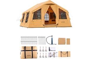 VEVOR Tende Gonfiabili per Campeggio, Tenda Gonfiabile per 8-12 Persone, Tenda Glamping per 4 Stagioni con Pompa, 2 Lucernari, Baldacchino, Presa Stufa, 2 Porte e Finestre a Rete Borsa Portaoggetti