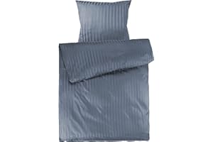 Pure Label Mako Satin Damast Streifen Bettwäsche blau 155x220 cm mit Kissenbezug 80x80 cm aus 100% Baumwolle - Traumhaft weiches Mako Satin Bettwäsche Set in Uni
