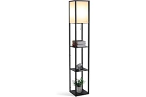 HOMCOM Floor Lamp with Shelves and Top Light, Modern Corner Standing Lamp with TC Fabric Lampshade for Living Room, Bedroom, Bulb not Included, Black