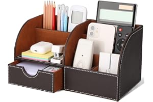 GORESE Organisateur de Bureau, Rangement de Bureau en Cuir Pot à Crayons Porte-Stylo Peu Encombrant, 7 Compartiments de Stylos, Agrafeuses, Dossiers, Notes Autocollantes, Téléphones(Marron)