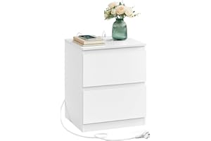 VASAGLE KAILYN Colección - Mesita de Noche con Regleta de Enchufes, Mesa Auxiliar, 2 Cajones, 2 Tomas AC, 2 Puertos USB-A, Salón, Dormitorio, Blanco Nube LET621W02