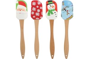 YARNOW Spatola in silicone a tema natalizio, spatola con manico in legno, resistente al calore, antiaderente, spatola per torte, burro, miscelatore, per cottura a forno, 4 pezzi