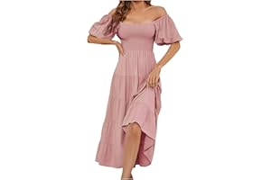ZEIAYUAS Summer Dresses for Women UK Off Shoulder Casual Maxi Dresses Flowy Tiered Beach Dress Ladies Swing Holiday Loose Bohemian Dresses Elastic Square Neck Short Sleeve Long Dress for Night Out Party