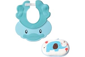 Visiere et Eponge de Bain Enfant, Bonnet Bebe Reglable, Eponge Hypoallergenique, Casquette Pare Shampoing Douche, Proteger Yeux Orailles, Chapeau Tete, Rince Cheveux Protection Eau , Design Rigolo