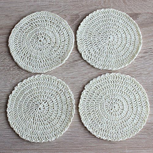Handmade Knitted Round White Cream Coaster Table Protection Pattern Home Decor Set Of 4