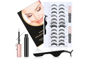 LOPHE Magnetische Wimpern, Magnetische Flüssiger Eyeliner, 3D Dicke Lange Flauschige Künstliche Falsche Eyelashes, Natürlich Magnet Wimpern Set mit Zange, Wasserdicht und Wiederverwendbar (12 Paare)