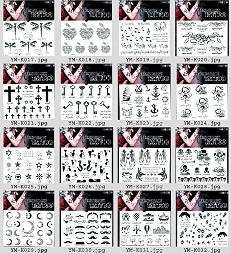 Wonbeauty 16pcs Fake and real temp tattoo stickers in a package,it including stars,cats,dragonflies,apples,music notes,cross,keys,skulls,moons,beards,animal footprints,spears,etc.