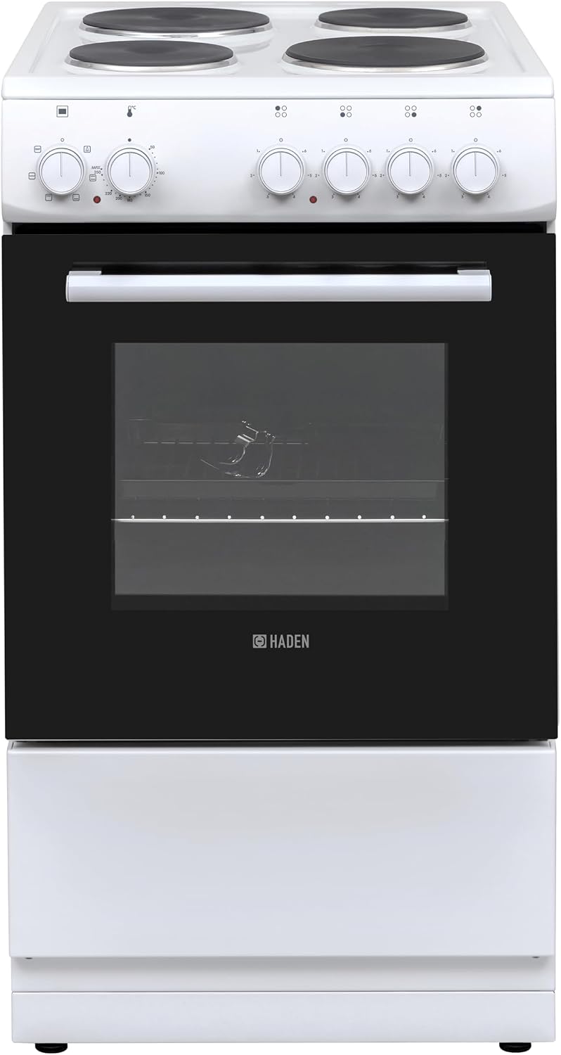 Haden HES50W Electric Cooker – Freestanding 52 Litre Cooker with 4 Solid Plate Rings - Single Cavity Oven - 50cm, White