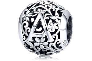 Shining Charm Initial Letter Name 925 Sterling Silver Charms for Bracelets Flower Alphabet A-Z Round Women Girls Bead Charm Jewellery