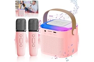 AVCXEC Mini Karaoke Machine Kids with 2 Wireless Microphone, Portable Bluetooth Speaker with LED Light and Voice Changing Effects Karaoke Player Microphone Karaoke Toys for Kids Families Birthday Party