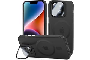 Tigratigro Case with Kickstand, Compatible Mag-Safe with iPhone 14, H9 Tempered Glass Camera Protection, Frosted Translucent Back Cover, Anti-Fingerprint, Velvet Touch(Graphite Black)