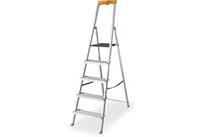 DRABEST Escabeau 5 Marches Pliable - Échelle en Aluminium - Escabeau Pliant avec Porte-Outils et Marches Extra Larges 120 mm avec Surface Antidérapante - Capacité de Charge 150 kg