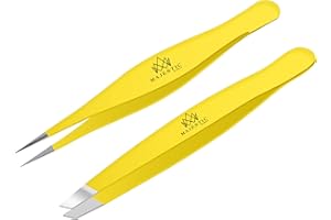 Majestic Bombay Juego de acero inoxidable con punta inclinada + pinza quirúrgica para cabello encarnado. Pinzas puntiagudas de precisión con punta de aguja afilada para quitar astillas (amarillo)