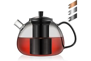 ecooe Czarny 1500 ml srebrny dzbanek do herbaty ze szkła borokrzemowego, zaparzacz do herbaty, ze zdejmowanym sitkiem ze stali nierdzewnej 18/8, odporny na wysokie temperatury, do czarnej herbaty