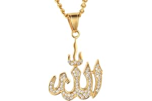 HIJONES Herren Damen Edelstahl Islamic Muslim Allah Anhänger Halskette mit Zirkonia
