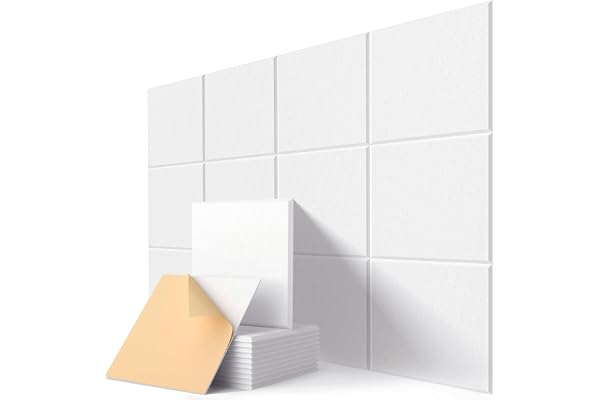 Panneau Acoustique Murale, Plafond, Porte, Lot de 12 Panneaux Acoustiques Decoratifs Autocollantes, Traitement Acoustique pour Home Studio, Chambre, Salon, Cinema, 30 x 30 x 0,9cm, Blanc