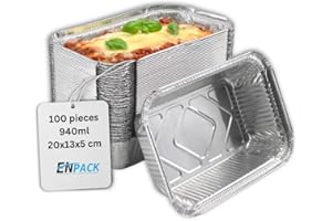 Enpack Aluschale R45-911L - 100 Stück Aluschalen mit Deckel 20x13x5 cm - Menüschale - 940 ml Füllmenge - Form für Lebensmittel - Grillschalen - Einwegverpackungen - Einmalbehälter für Pasta/Nudeln